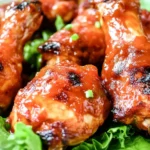 Close-up of juicy Dr Pepper Chipotle Grilled Chicken legs glazed with spicy barbecue sauce and served on a bed of fresh lettuce.