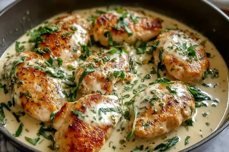 Golden seared chicken simmering in creamy spinach sauce – a classic Chicken Florentine dish.