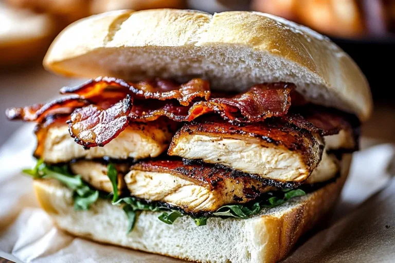 Crispy Bacon and Ranch Chicken Melt with grilled chicken, crispy bacon, and greens on a soft sandwich roll.