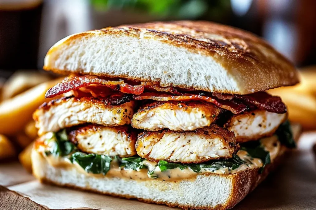Crispy Bacon and Ranch Chicken Melt stacked with grilled chicken, crispy bacon, and creamy ranch on toasted ciabatta bread.