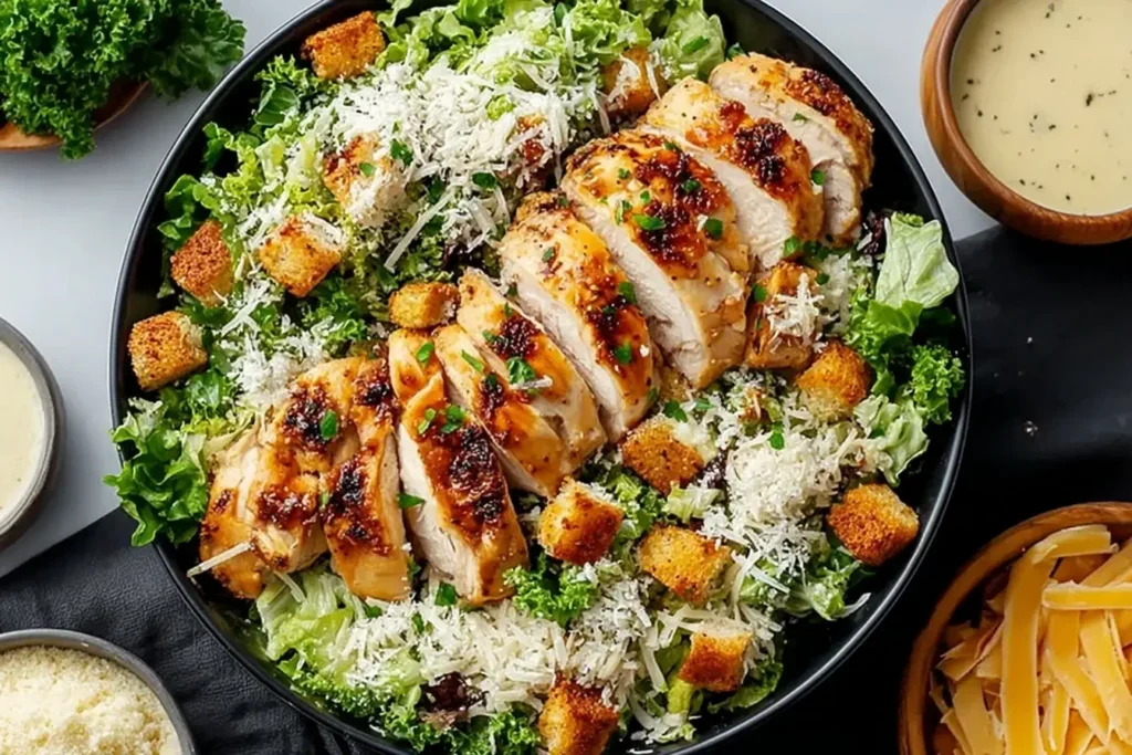 Melt In Your Mouth Caesar Chicken over a fresh Caesar salad with croutons, Parmesan, and creamy dressing.