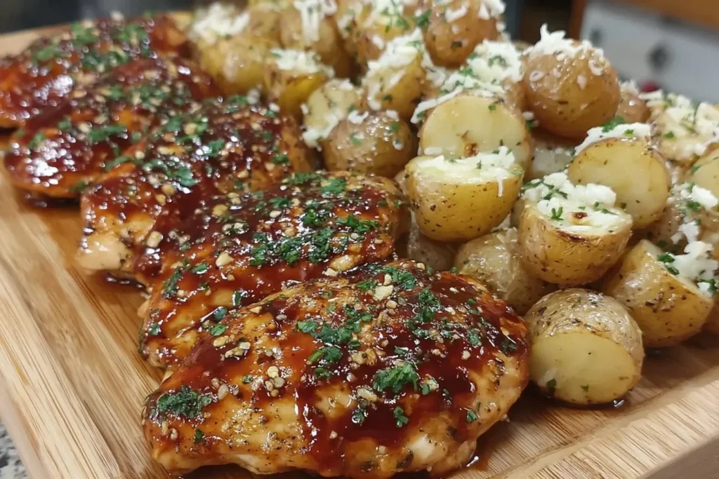 Close-up of Honey BBQ Chicken + Garlic Parmesan Potatoes on a wooden board, topped with herbs and fresh Parmesan.