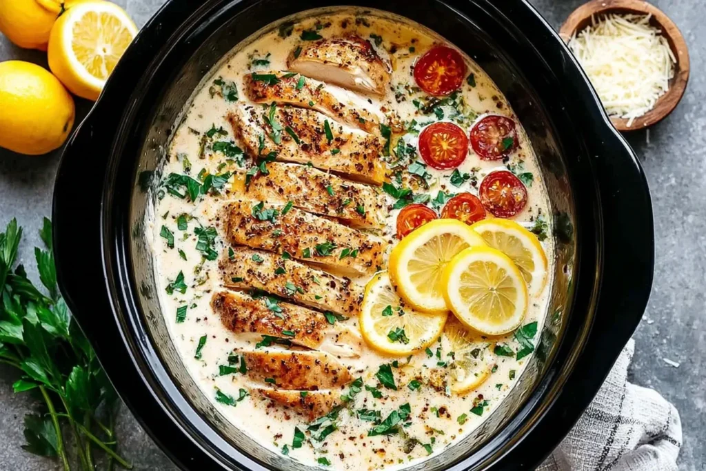 Crockpot Creamy Garlic Parmesan Chicken with lemon slices, cherry tomatoes, and fresh herbs in a creamy sauce.