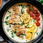 Crockpot Creamy Garlic Parmesan Chicken with lemon slices and cherry tomatoes in a rich, creamy sauce.