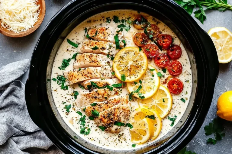 Crockpot Creamy Garlic Parmesan Chicken with lemon slices and cherry tomatoes in a rich, creamy sauce.