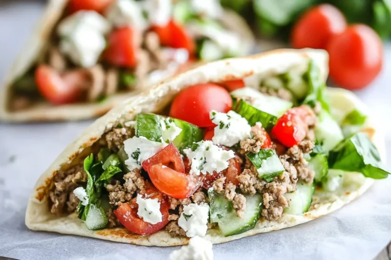 Mediterranean Ground Chicken Pitas filled with fresh vegetables, crumbled feta, and seasoned ground chicken in a soft pita pocket.