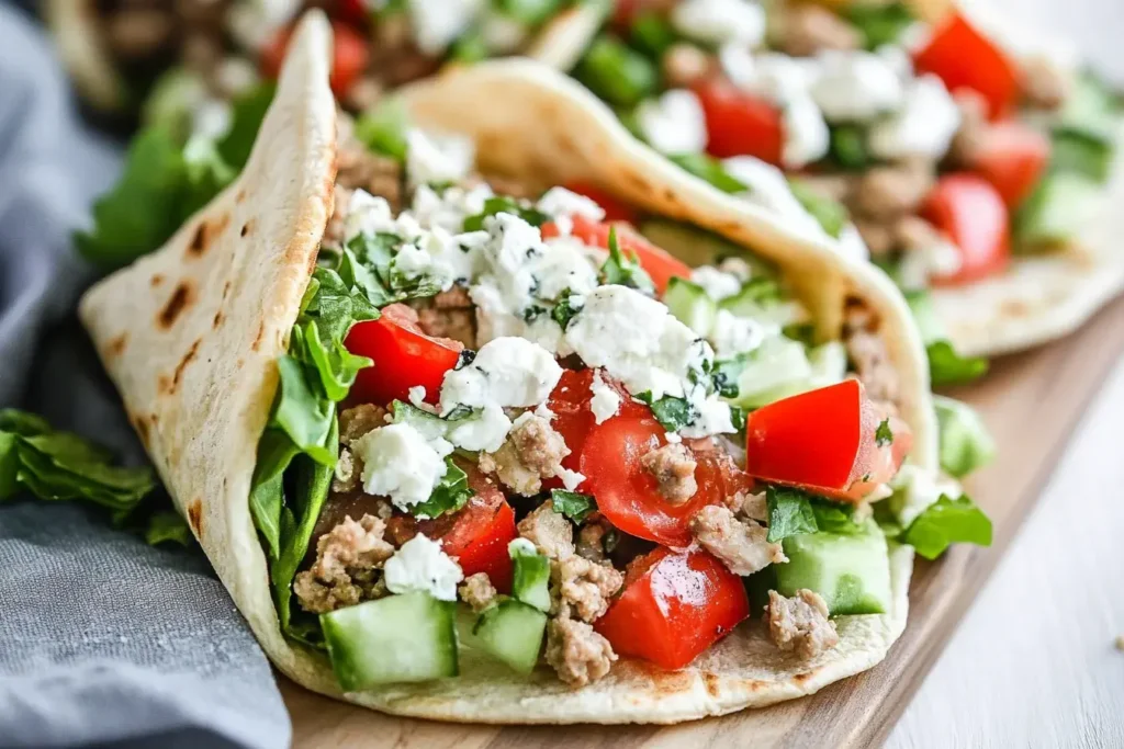Close-up of Mediterranean Ground Chicken Pitas filled with cucumbers, tomatoes, lettuce, and crumbled feta in warm pita bread.