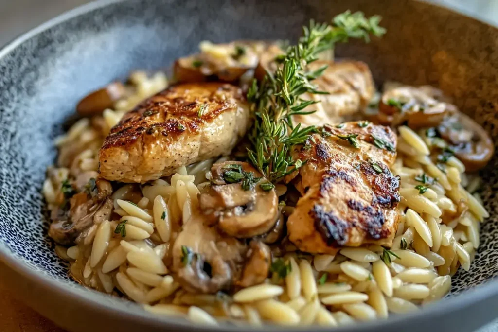 Marsala Chicken Orzo served in a rustic bowl with golden seared chicken, mushrooms, and fresh thyme on creamy orzo pasta.