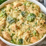 Bowl of creamy Cheesy Chicken Broccoli Orzo topped with herbs and shredded cheese.