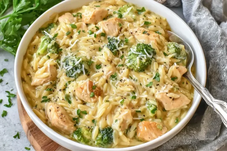 Bowl of creamy Cheesy Chicken Broccoli Orzo topped with herbs and shredded cheese.