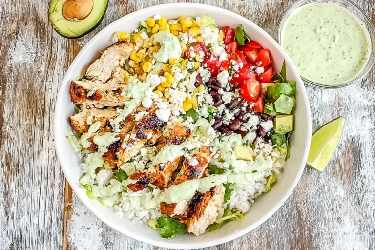 Baja Chicken Bowls with grilled chicken, corn, black beans, avocado, and cilantro sauce on a rustic wooden table