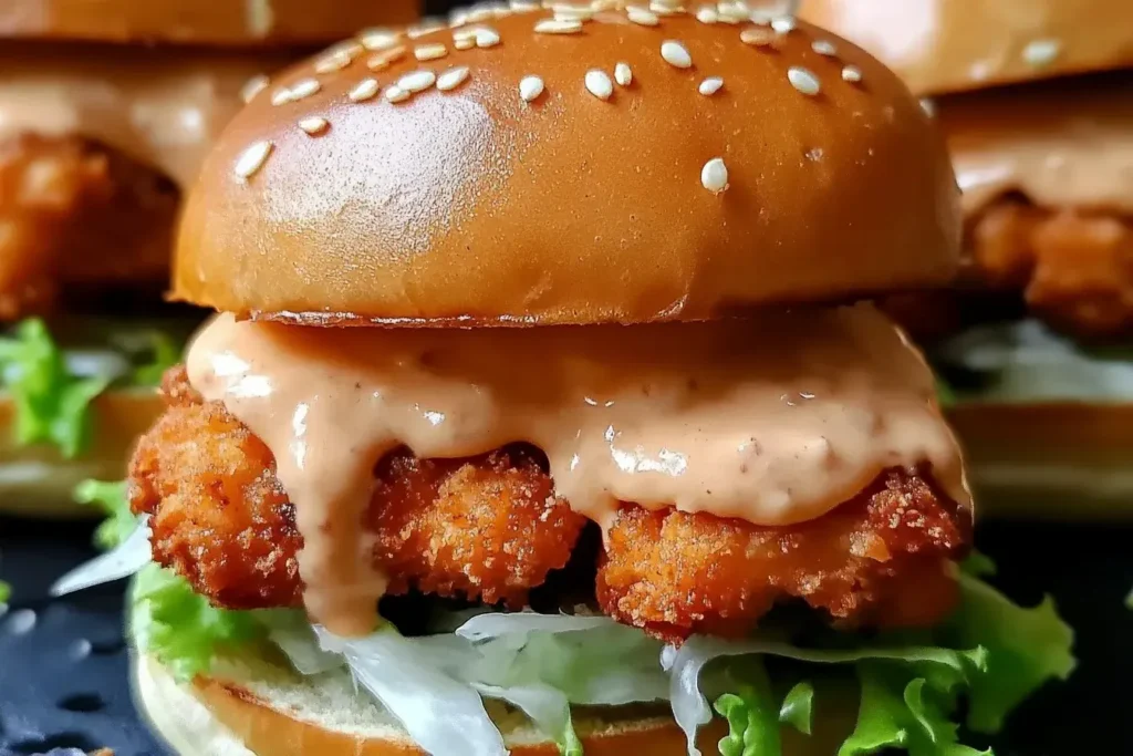 Close-up of crispy Bang Bang Chicken Sliders with lettuce, sesame seed buns, and creamy bang bang sauce.