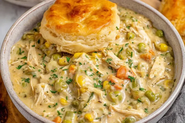 Bowl of Crock Pot Chicken Pot Pie topped with a golden buttermilk biscuit