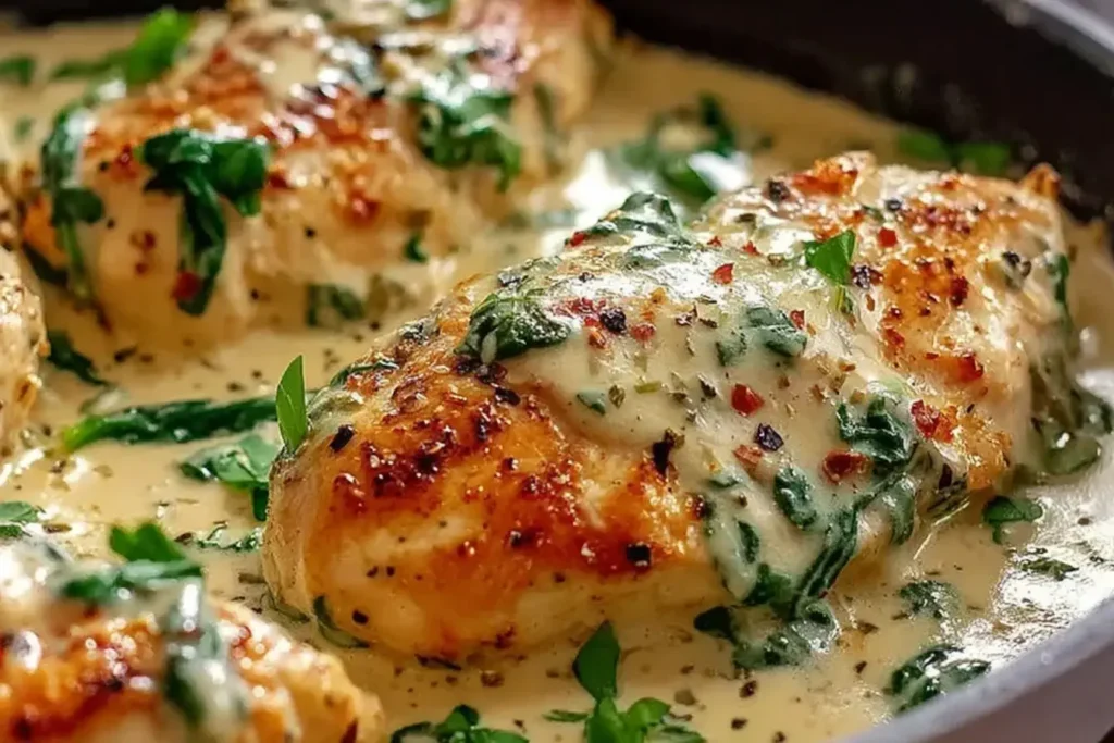 Close-up of Chicken Florentine with golden crust and creamy spinach-Parmesan sauce.