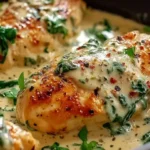 Close-up of Chicken Florentine with golden crust and creamy spinach-Parmesan sauce.
