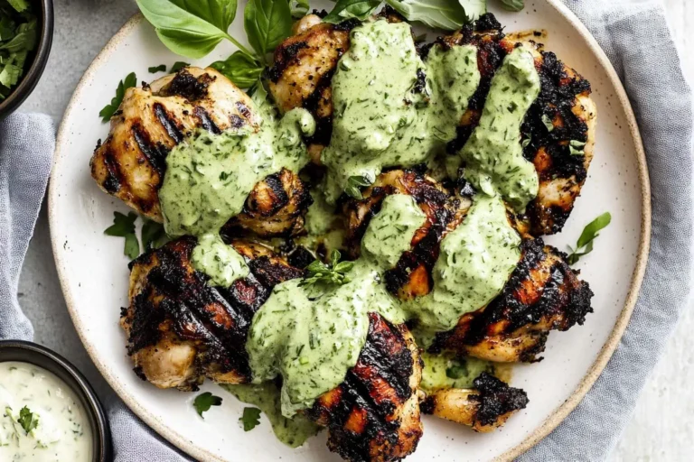 Grilled boneless chicken thighs served on a plate and generously topped with creamy green goddess sauce.