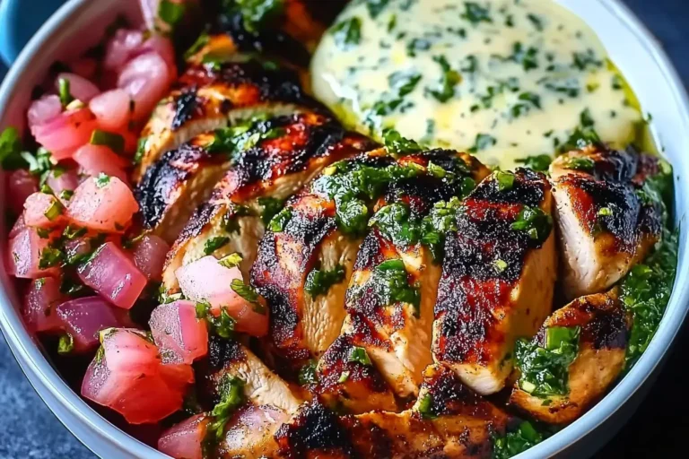Juicy grilled chicken topped with vibrant chimichurri, served with garlic sauce and diced tomato salsa in a bowl – Chimichurri Grilled Chicken Bowl with Garlic Sauce.