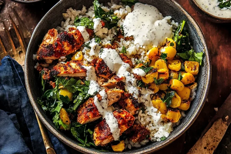 Grilled Chicken Bowls with Tahini Feta Sauce topped with golden vegetables, fresh herbs, and creamy dressing over a bed of rice.