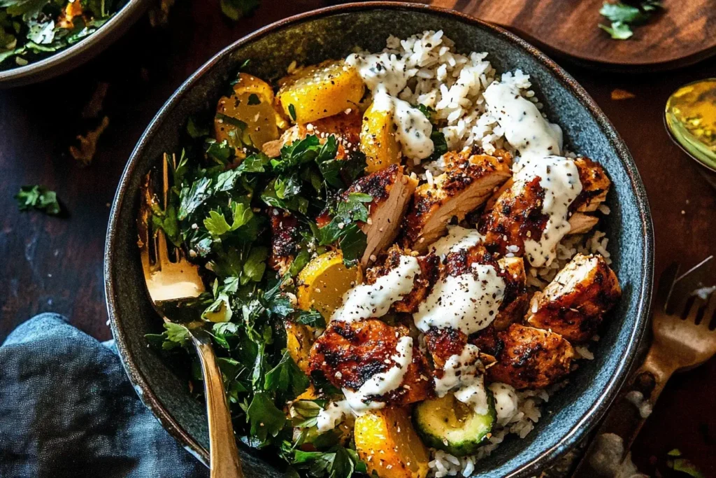 Chicken Bowls with Tahini Feta Sauce served with grilled chicken, rice, herbs, and drizzled creamy sauce in a rustic bowl.
