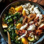 Chicken Bowls with Tahini Feta Sauce served with grilled chicken, rice, herbs, and drizzled creamy sauce in a rustic bowl.