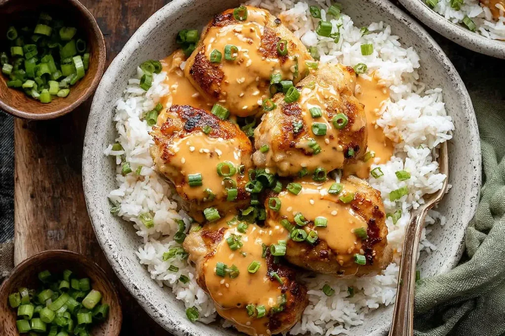 Skillet Bang Bang Chicken Thighs served over fluffy white rice and topped with creamy sauce and green onions.