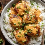 Skillet Bang Bang Chicken Thighs served over fluffy white rice and topped with creamy sauce and green onions.