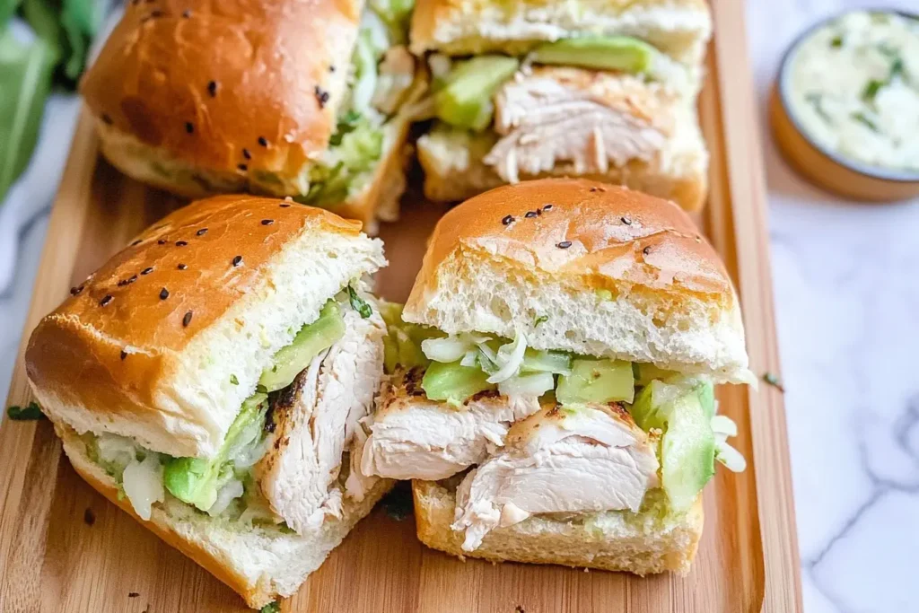 Rotisserie Chicken Hawaiian Sliders on a wooden board with sliced chicken, avocado, and lettuce inside fluffy Hawaiian rolls.