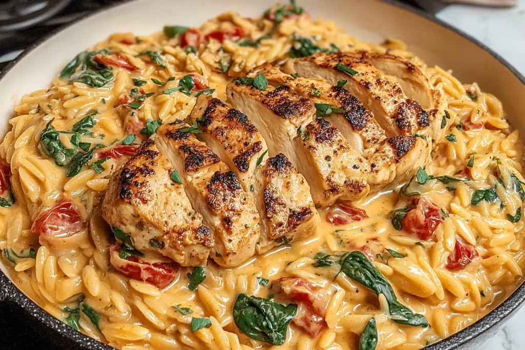 Creamy Tuscan Chicken Orzo with seared chicken breast, spinach, and sun-dried tomatoes in a creamy Parmesan sauce