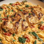 Creamy Tuscan Chicken Orzo with seared chicken breast, spinach, and sun-dried tomatoes in a creamy Parmesan sauce