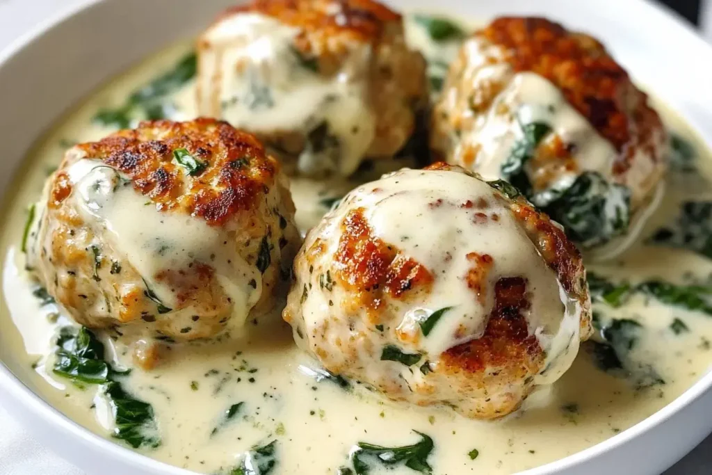 Close-up of Baked Chicken Ricotta Meatballs in creamy spinach Alfredo sauce