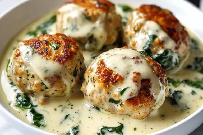 Close-up of Baked Chicken Ricotta Meatballs in creamy spinach Alfredo sauce