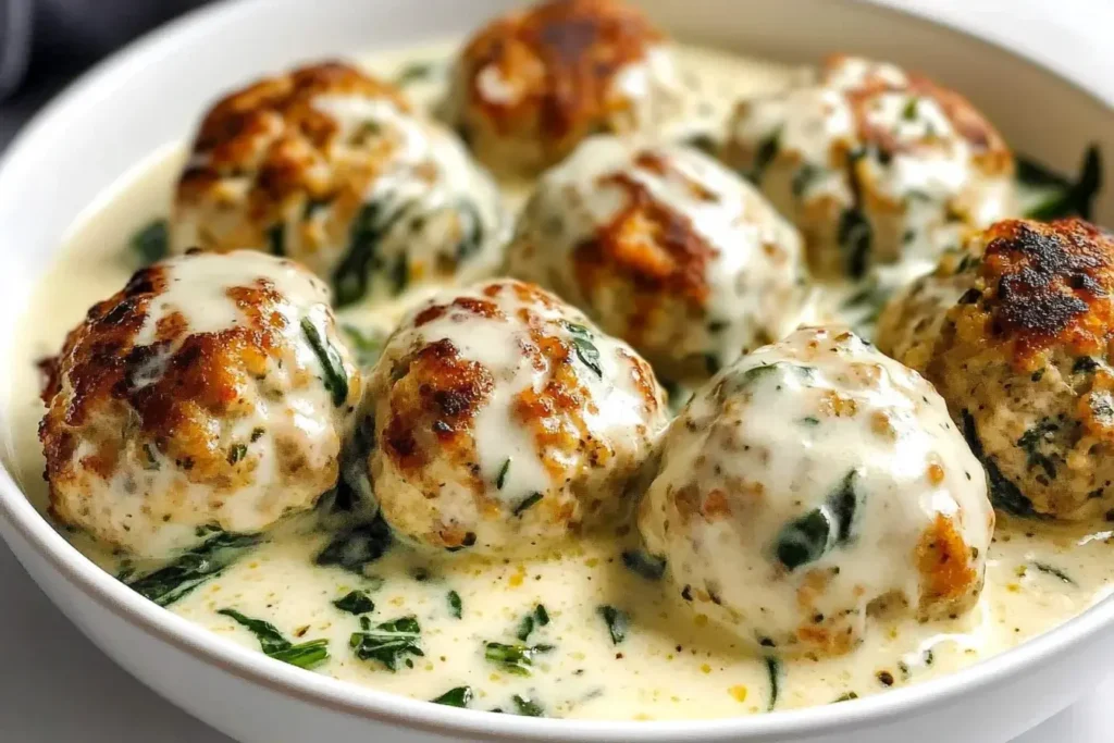 Baked Chicken Ricotta Meatballs with creamy spinach Alfredo sauce in a white bowl