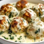 Baked Chicken Ricotta Meatballs with creamy spinach Alfredo sauce in a white bowl