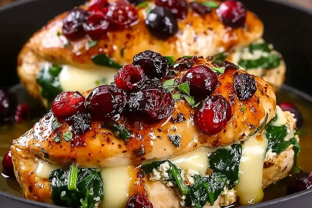 Cranberry and Spinach Stuffed Chicken Breasts with Brie topped with dried cranberries and herbs, oozing cheese and greens.