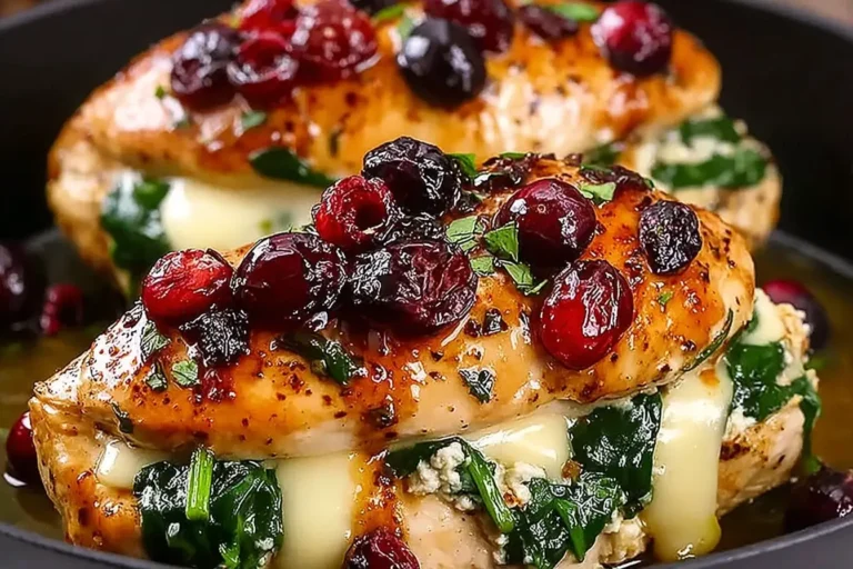 Cranberry and Spinach Stuffed Chicken Breasts with Brie topped with dried cranberries and herbs, oozing cheese and greens.