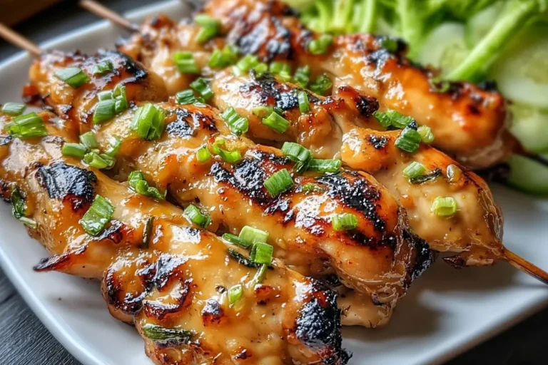 Close-up of Grilled Vietnamese Chicken skewers glazed with marinade and garnished with chopped green onions, served with cucumber and lettuce.