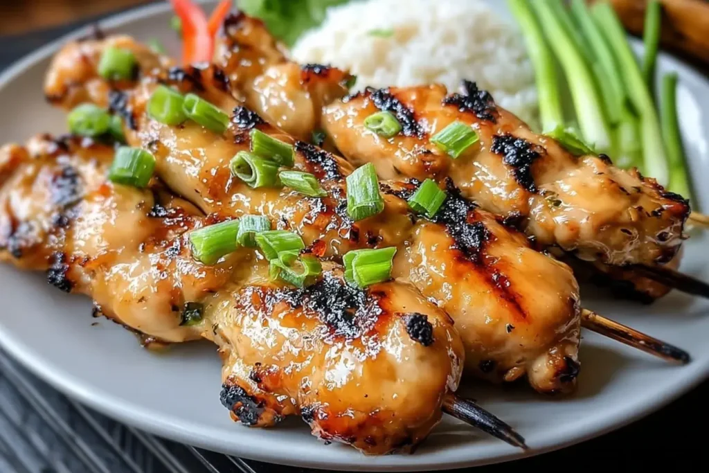 Grilled Vietnamese Chicken skewers topped with green onions, served with rice and fresh vegetables on a white plate.