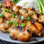 Grilled Vietnamese Chicken skewers topped with green onions, served with rice and fresh vegetables on a white plate.