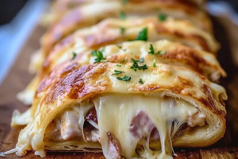 Hot, cheesy Chicken Cordon Bleu Stromboli with melted Swiss cheese, ham, and chicken oozing from a golden-baked crust.