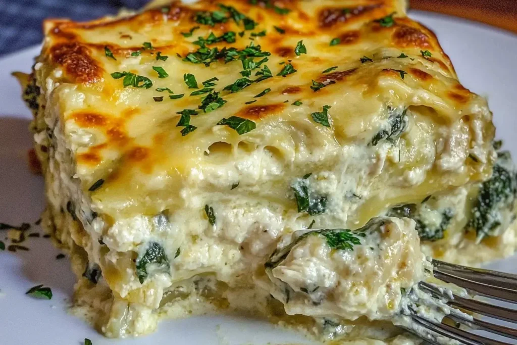 Creamy slice of Alfredo Chicken Lasagna with layers of cheese, spinach, and shredded chicken on a white plate.