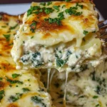 Fork lifting a cheesy slice of Alfredo Chicken Lasagna with spinach, ricotta, and golden-baked mozzarella from a casserole dish.