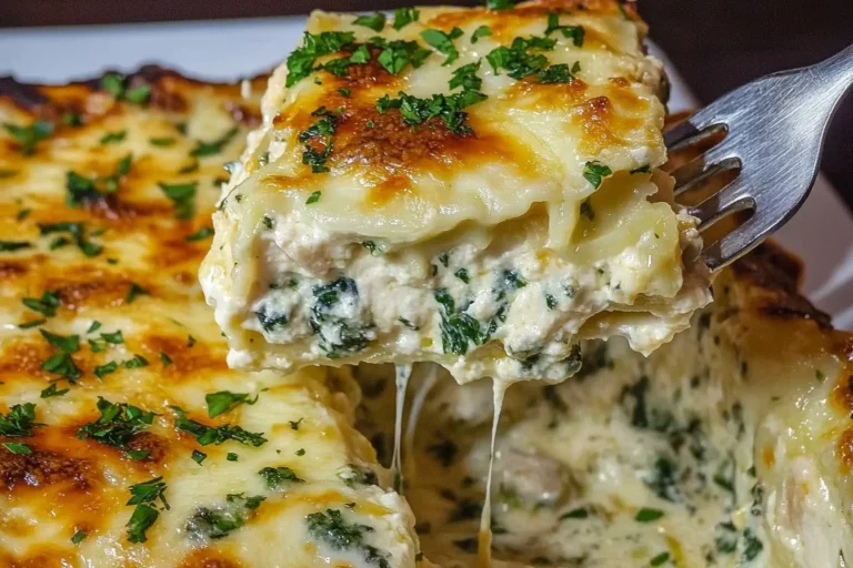 Fork lifting a cheesy slice of Alfredo Chicken Lasagna with spinach, ricotta, and golden-baked mozzarella from a casserole dish.