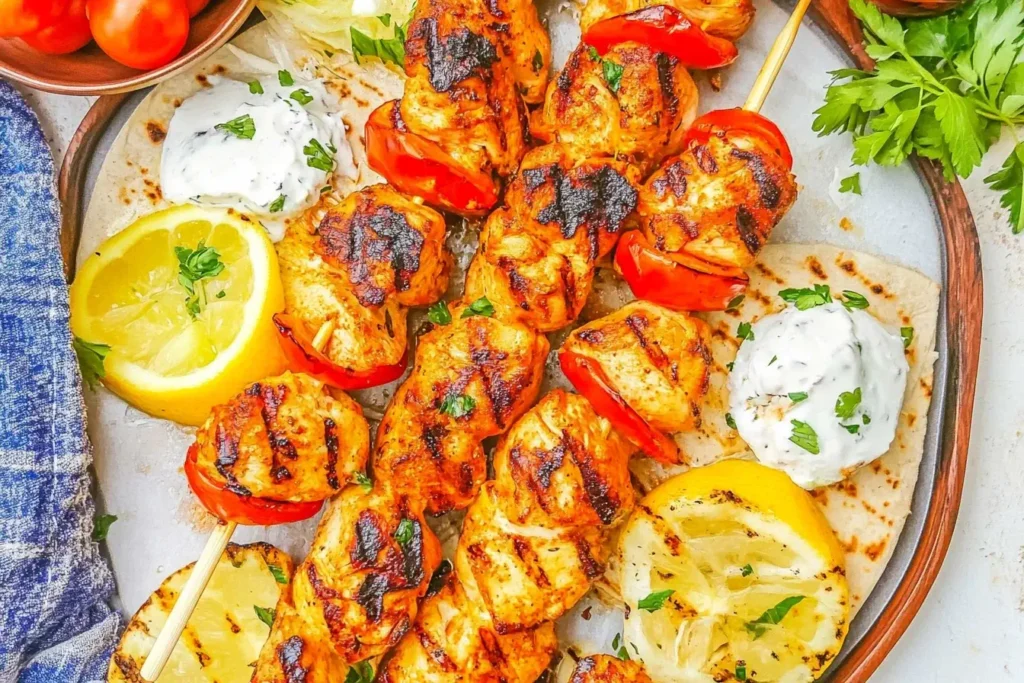 Grilled Greek Chicken Kabob skewers with tzatziki, pita, lemon slices, and herbs on a serving platter.