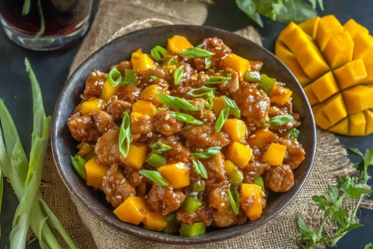 Mango Chicken Stir Fry with juicy mango chunks, bell peppers, and crispy chicken in a savory sauce, served in a black bowl.
