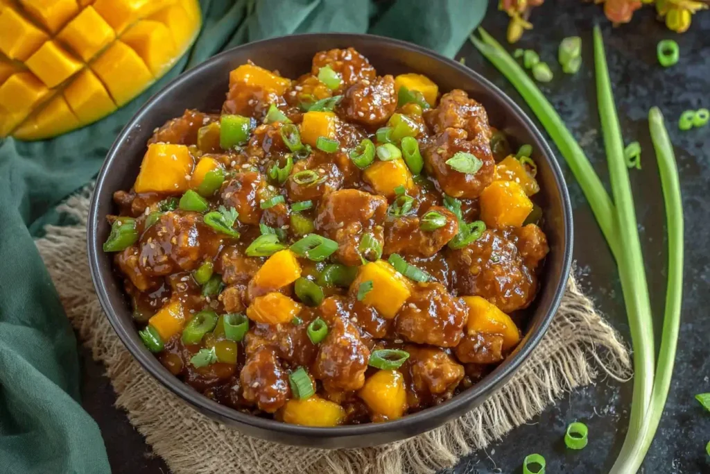 Mango Chicken Stir Fry featuring crispy chicken, sweet mango chunks, and green onions in a glossy sauce served in a dark bowl.