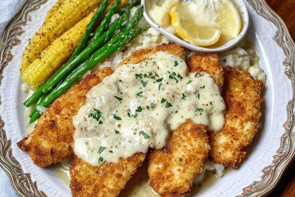 Crispy Chicken Costoletta served with creamy lemon sauce, asparagus, and corn on the cob