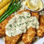Crispy Chicken Costoletta served with creamy lemon sauce, asparagus, and corn on the cob