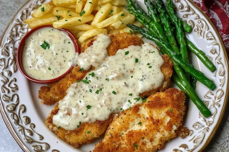 Chicken Costoletta served with creamy lemon sauce, crispy fries, and sautéed asparagus