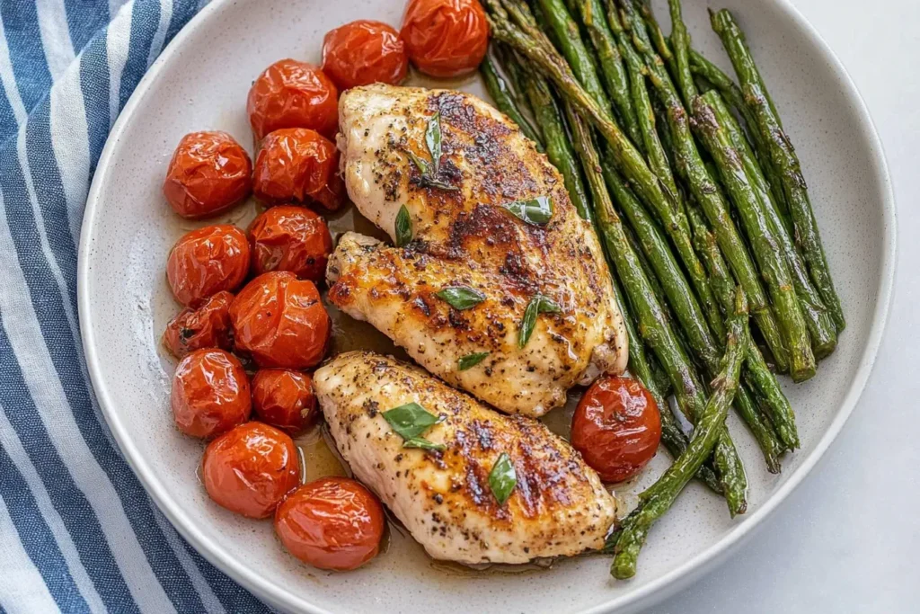 Oven Baked Balsamic Chicken served with roasted cherry tomatoes and asparagus on a white plate.
