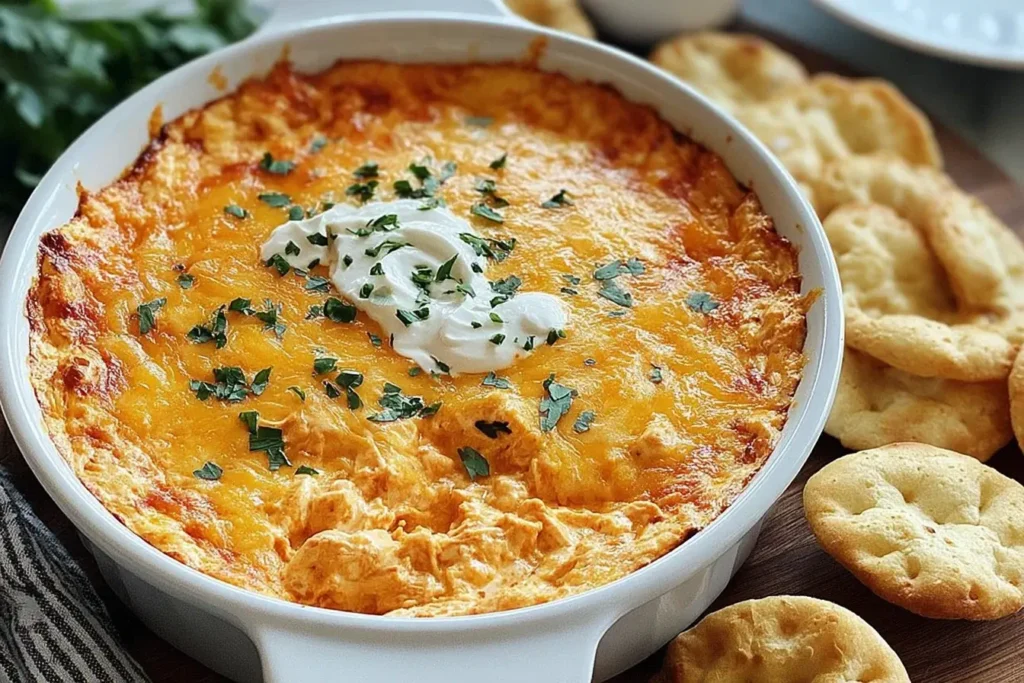 Frank’s Red Hot Buffalo Chicken Dip in a white baking dish, topped with melted cheese, sour cream, and fresh herbs, surrounded by crackers